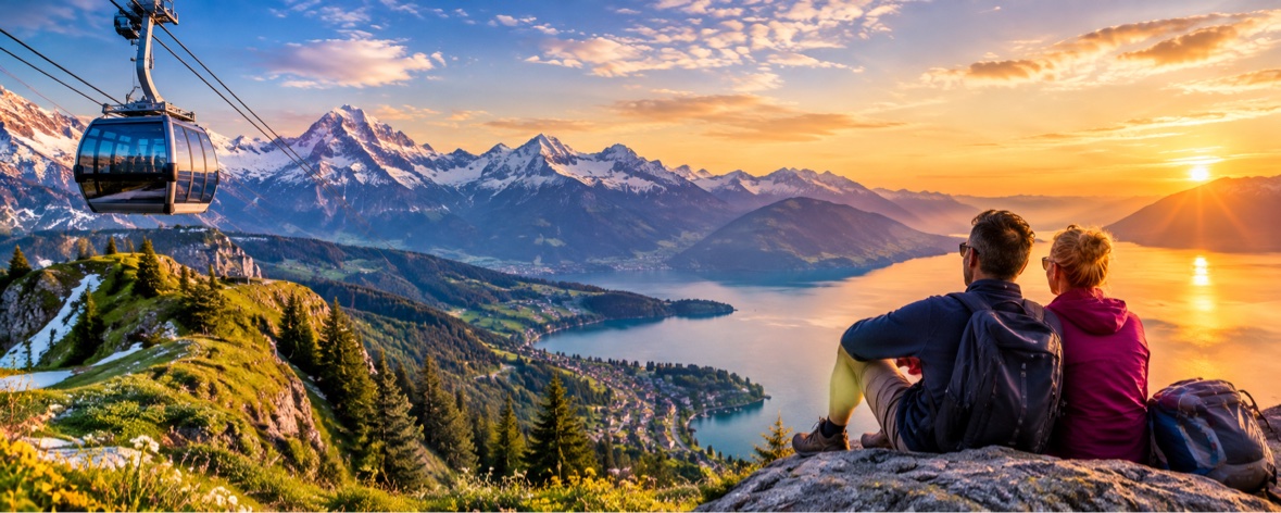 A couple overlooking a mountain lake and snow-capped peaks at sunset, with a gondola passing overhead