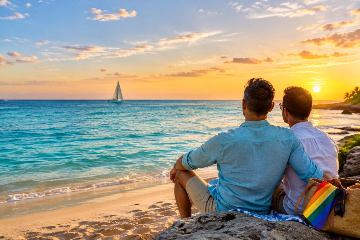 A couple watching the sunset over the ocean from the beach, a rainbow flag on their bag beside them